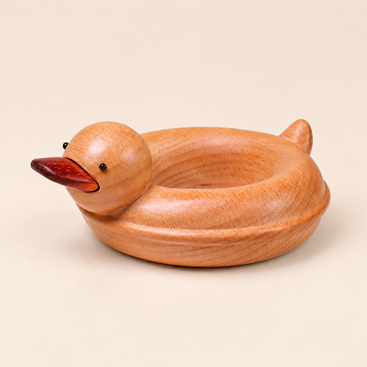 Hand-Carved Wooden Duck with Swim Ring – Cute Desk Figurine