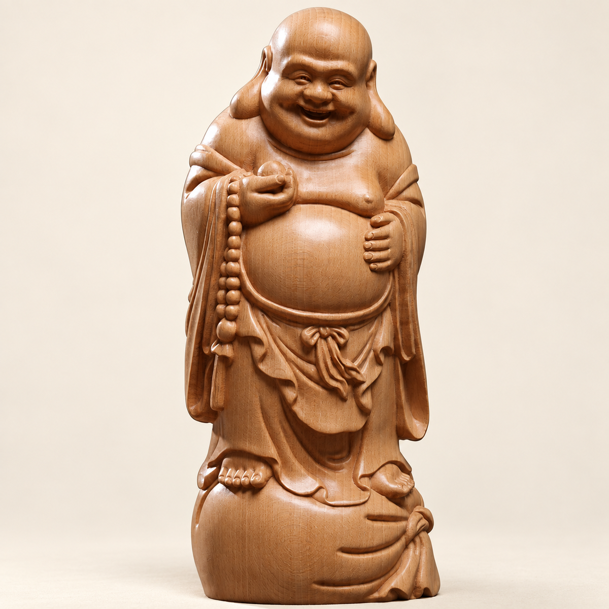 Hand-Carved Beech Wood Laughing Buddha – Chinese Good Luck Statue