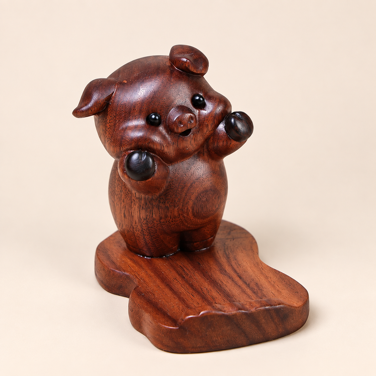Hand-Carved Black Walnut Pig Phone Stand – Cute Wooden Desk Holder