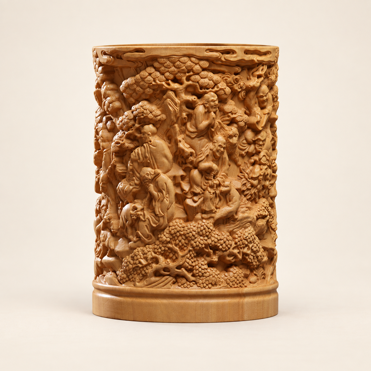 Hand-Carved Boxwood Eighteen Arhats Brush Pot – Chinese Desk Organizer