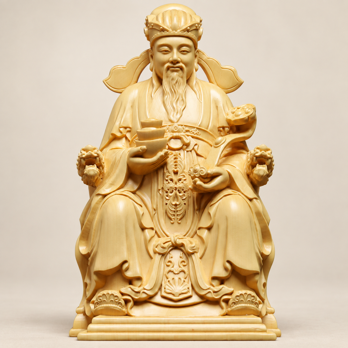 Hand-Carved Boxwood Seated Wealth God – Chinese Fortune Statue