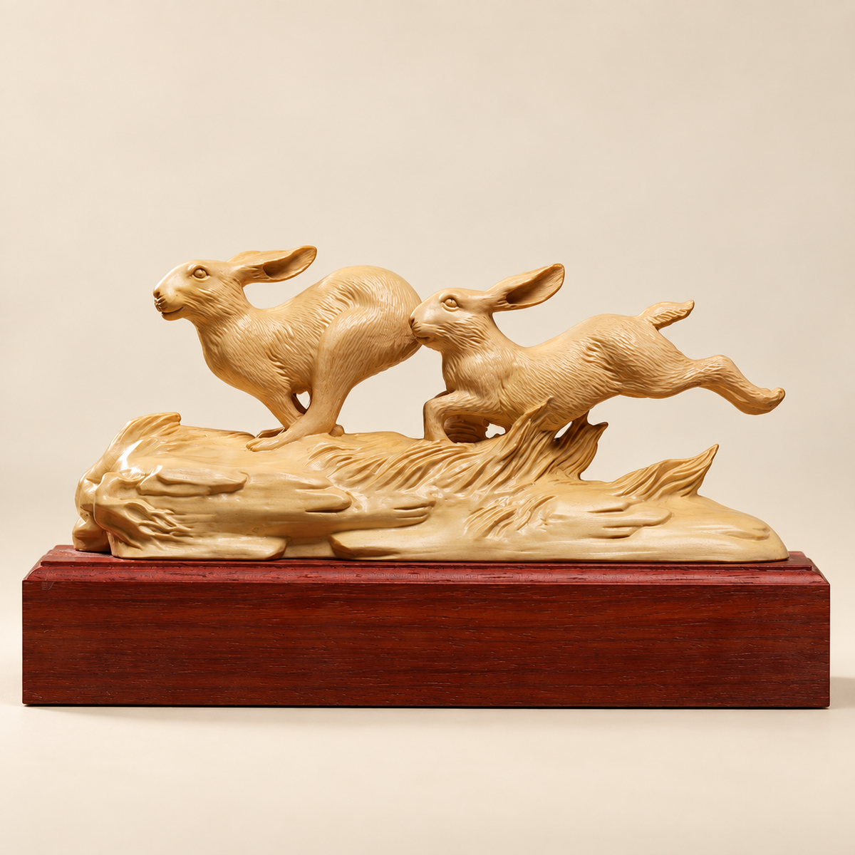 Hand-Carved Boxwood Twin Rabbits Sculpture – Wildlife Home Decor