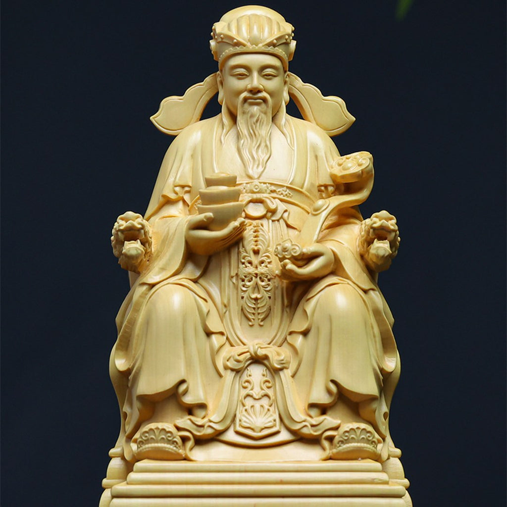 Hand Carved Boxwood Fortune God with Gold Ingot Statue - Chinese Wood Carving, Prosperity Gift