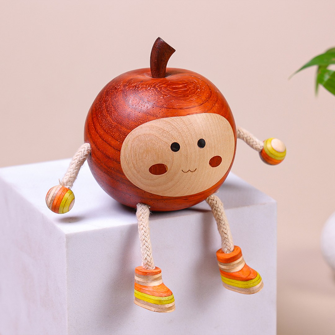 Hand Carved Wooden Peace Apple Figurine - Multi-Wood Inlay, Chinese Wood Carving, Housewarming Gift