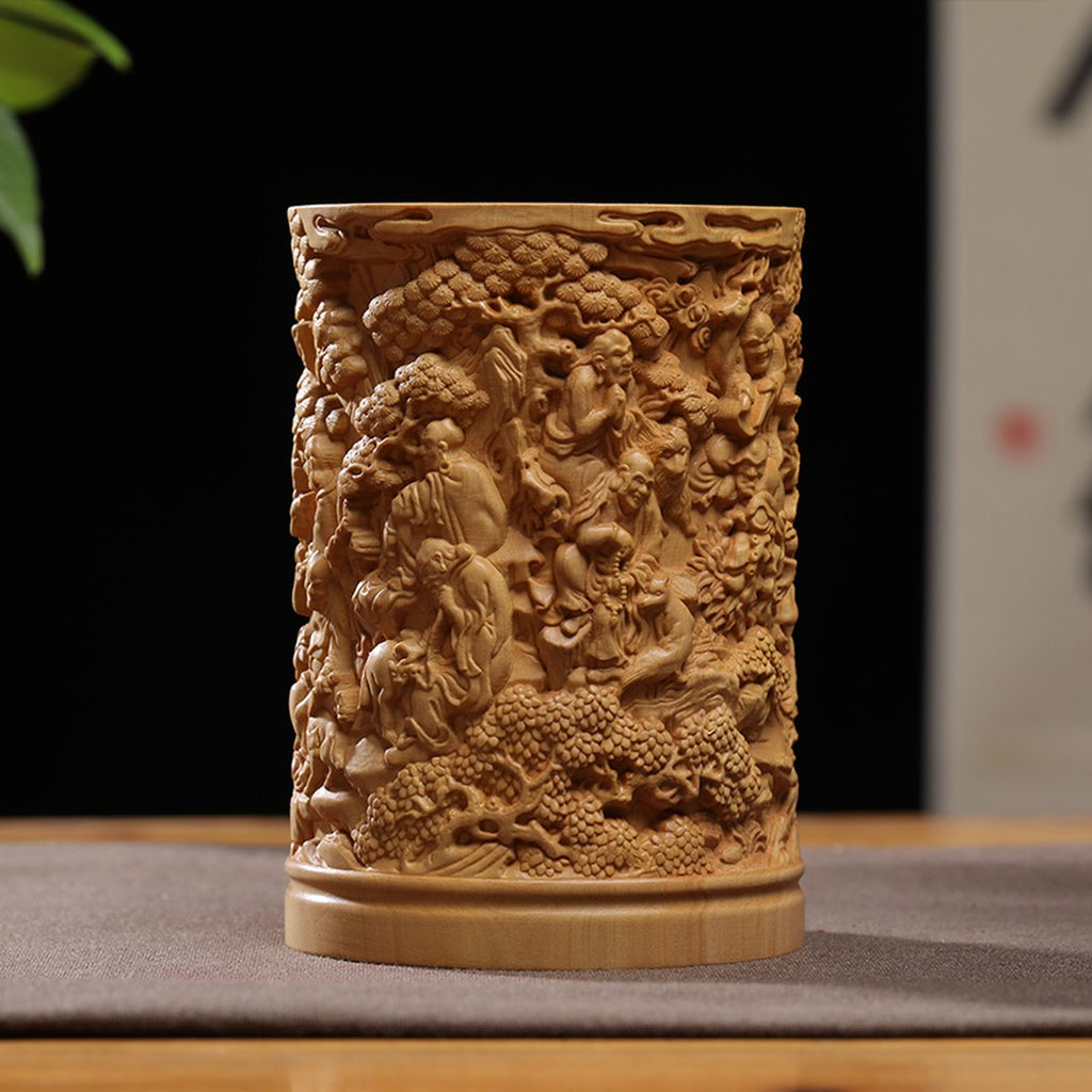 Hand Carved Boxwood Brush Pot with 18 Arhats - Scholar's Desk Organizer, Chinese Wood Carving