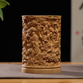 Hand Carved Boxwood Brush Pot with 18 Arhats - Scholar's Desk Organizer, Chinese Wood Carving