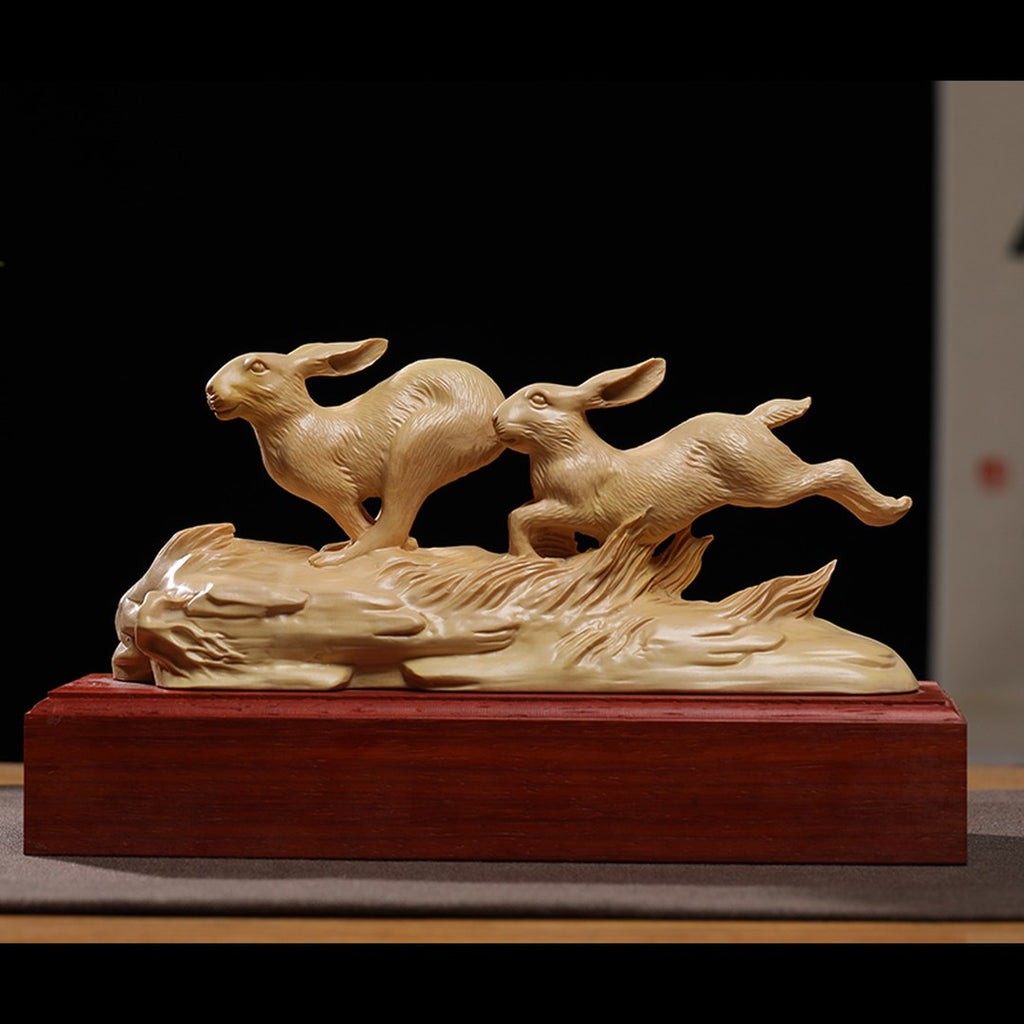 Hand Carved Boxwood Twin Rabbits Sculpture - Large Animal Figurine, Chinese Wood Carving, Collectible