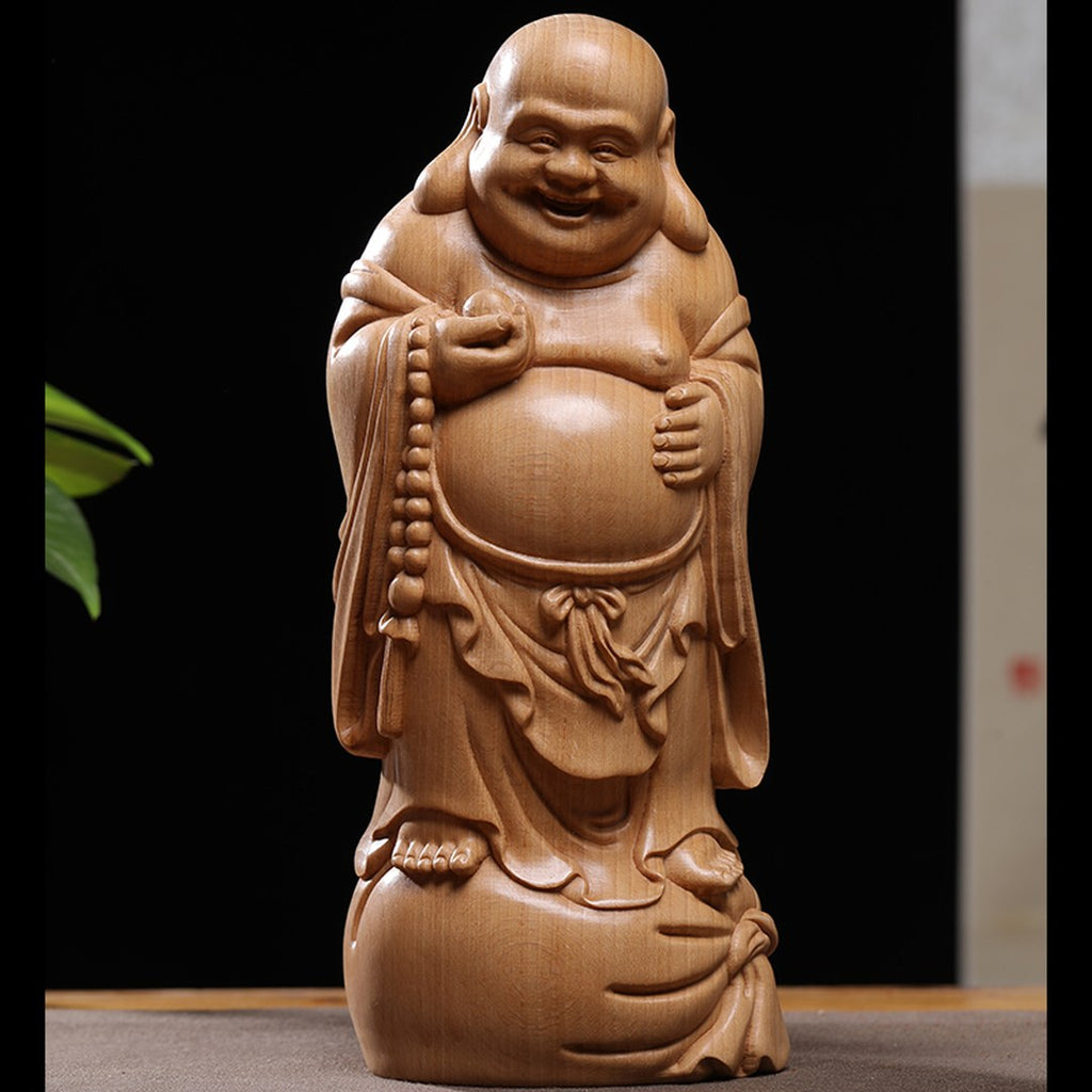 Hand Carved Beech Wood Laughing Buddha Statue - Large Zen Figure, Chinese Wood Carving, Zen Decor