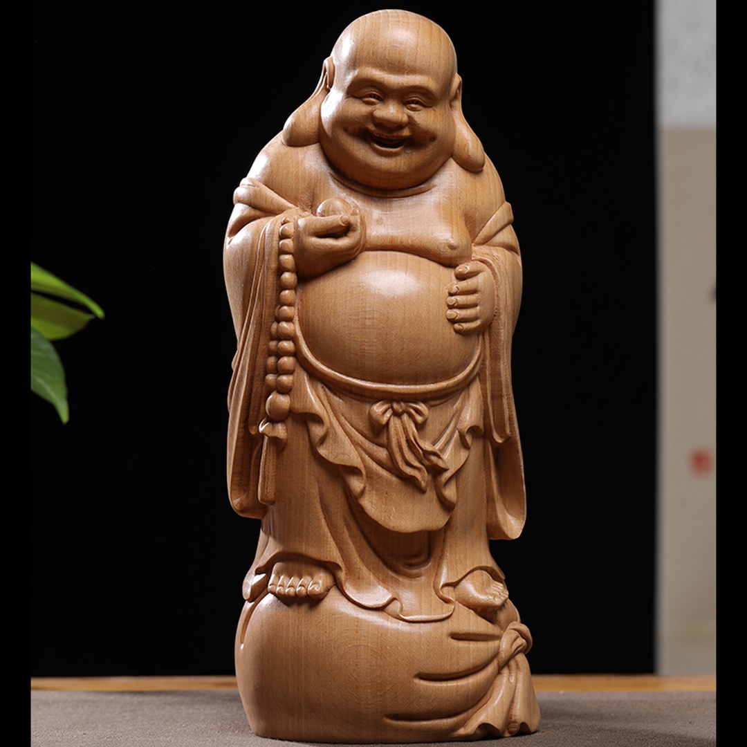 Hand Carved Beech Wood Laughing Buddha Statue - Large Zen Figure, Chinese Wood Carving, Zen Decor
