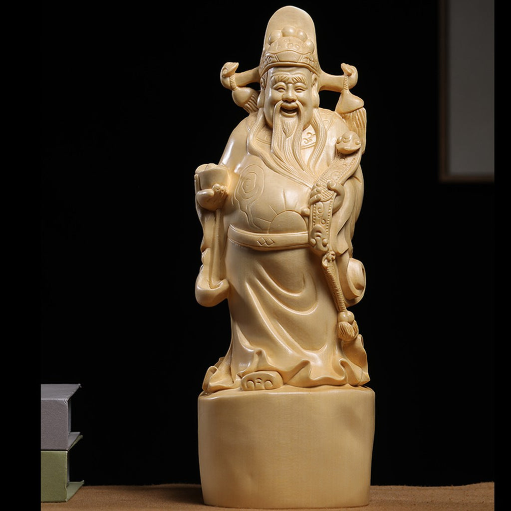 Hand Carved Canadian Cedar Wealth God Statue - Large Fortune Figure, Chinese Wood Carving, Business Gift