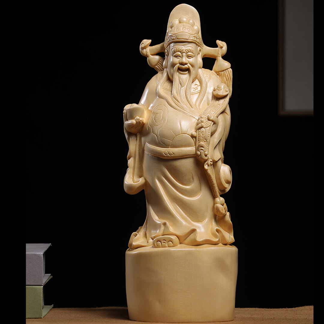 Hand Carved Canadian Cedar Wealth God Statue - Large Fortune Figure, Chinese Wood Carving, Business Gift