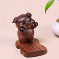 Hand Carved Black Walnut Pig Phone Stand - Chinese Wood Carving, Cute Desktop Holder, Gift