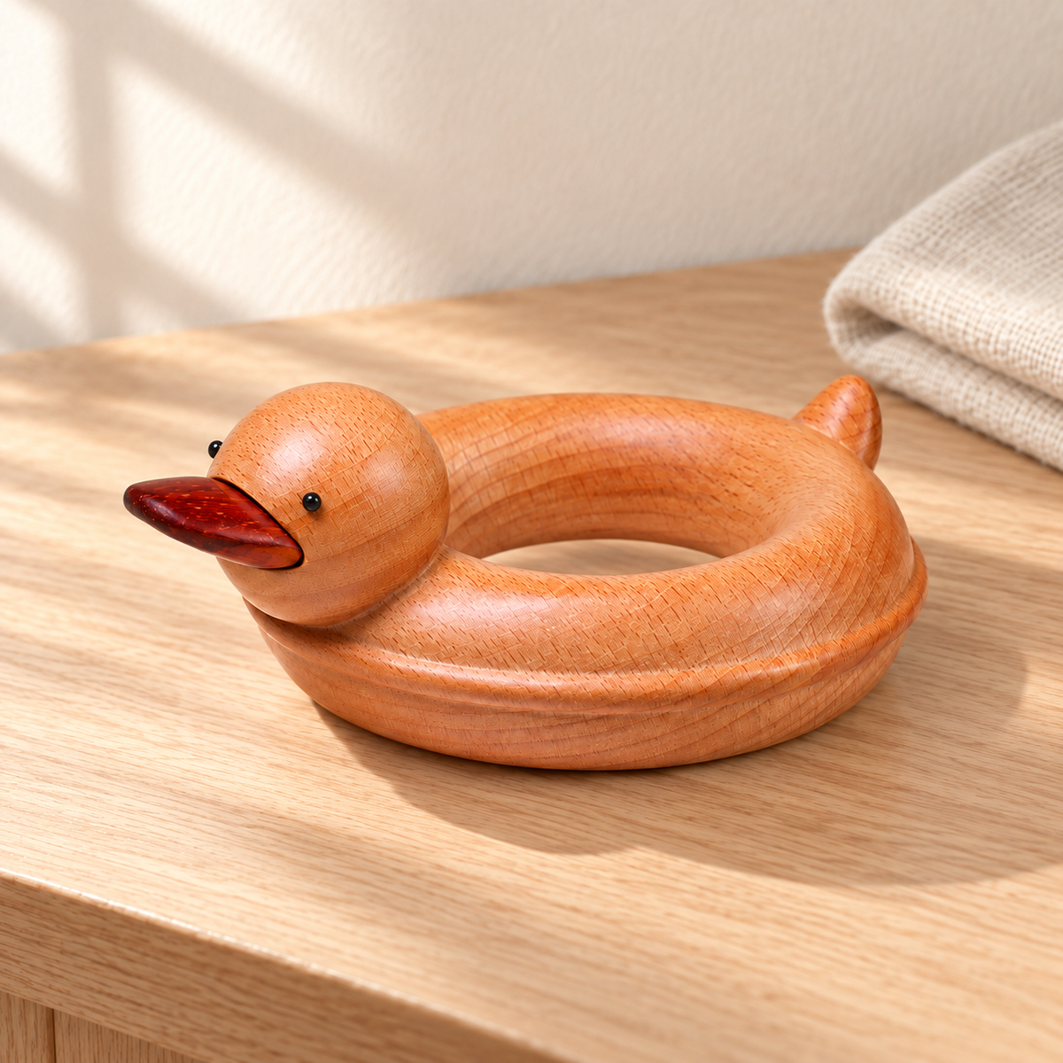 Hand-Carved Wooden Duck with Swim Ring – Cute Desk Figurine