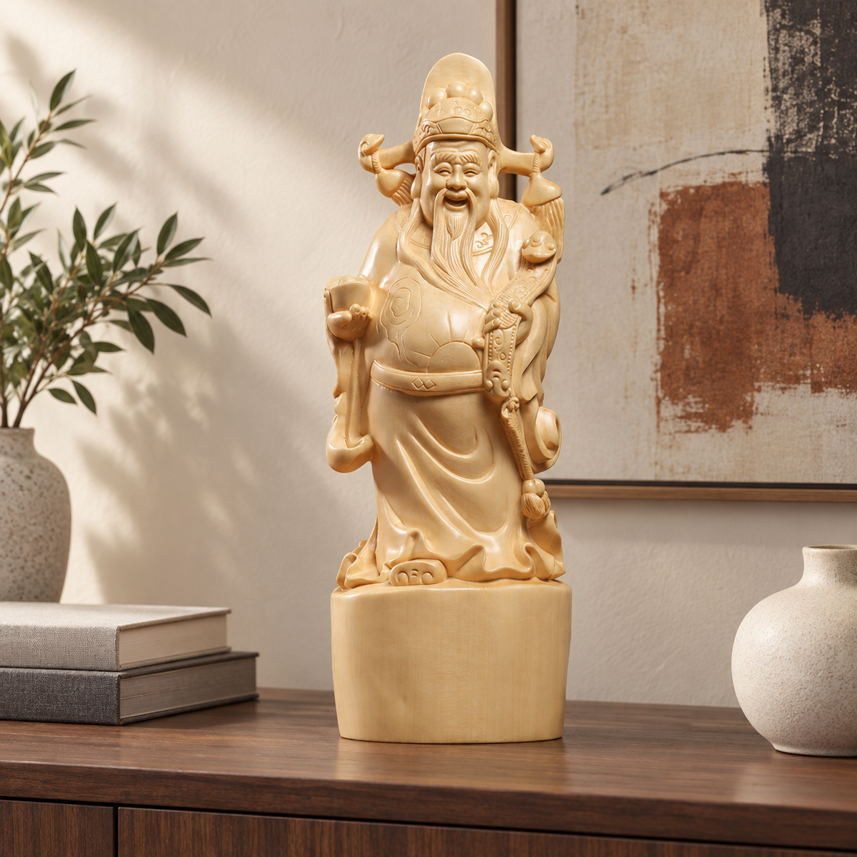 Hand-Carved Canadian Cedar Wealth God – Chinese Fortune Statue