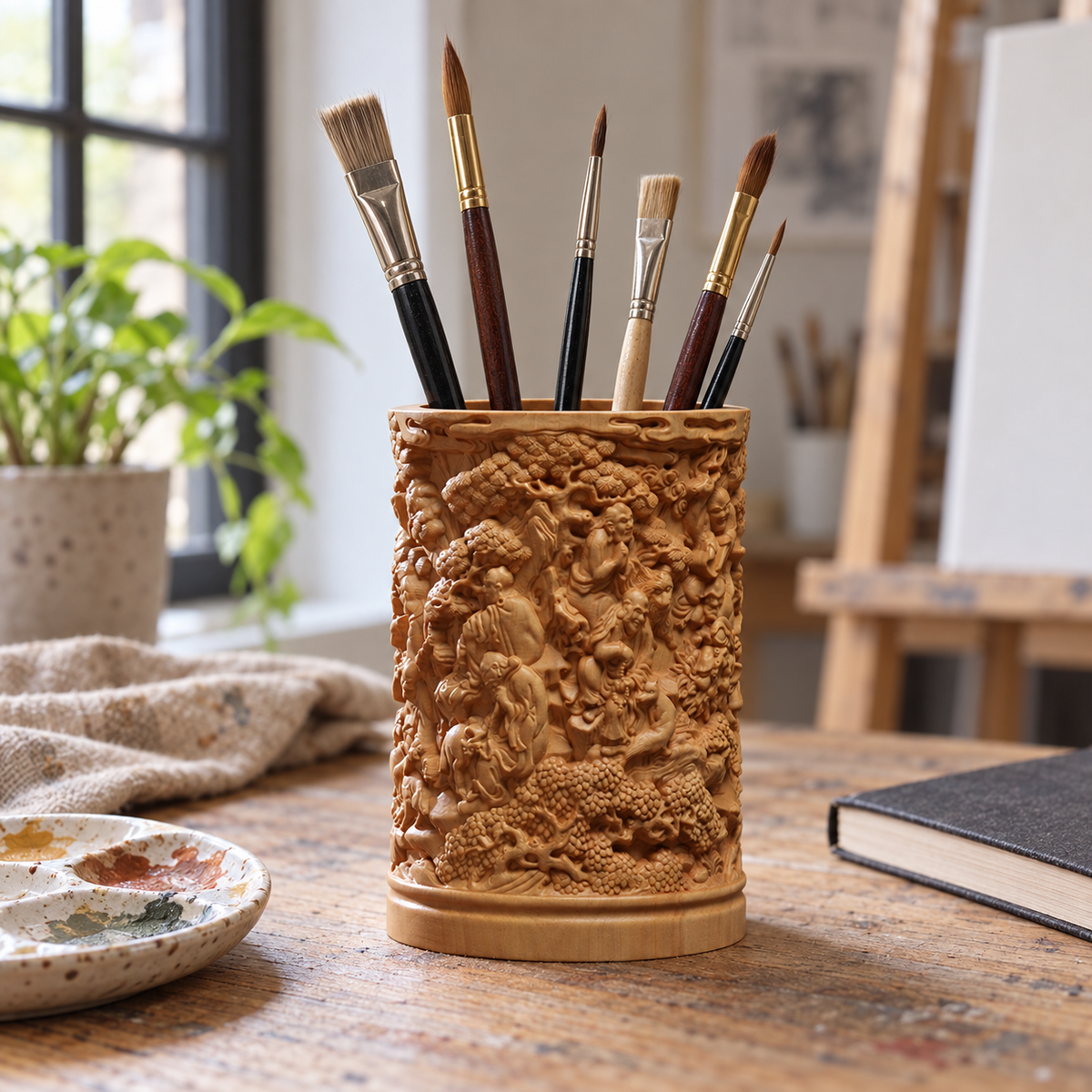 Hand-Carved Boxwood Eighteen Arhats Brush Pot – Chinese Desk Organizer