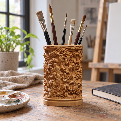 Hand-Carved Boxwood Eighteen Arhats Brush Pot – Chinese Desk Organizer