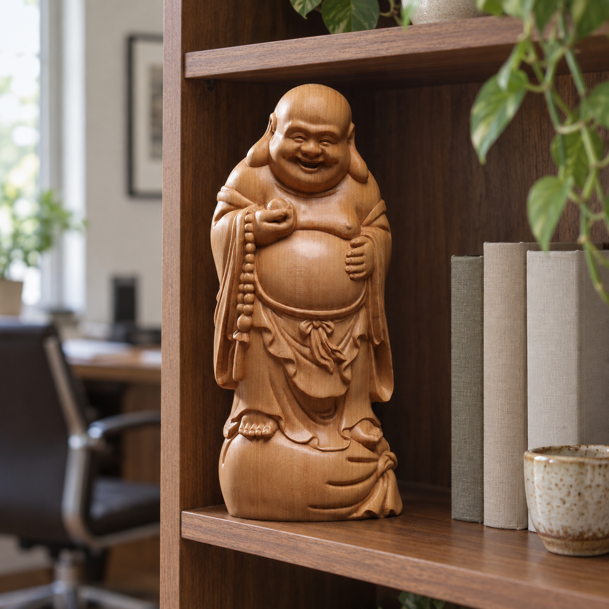 Hand-Carved Beech Wood Laughing Buddha – Chinese Good Luck Statue