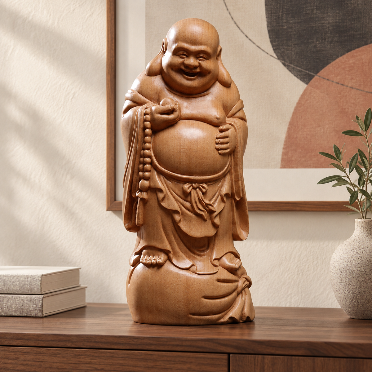 Hand-Carved Beech Wood Laughing Buddha – Chinese Good Luck Statue