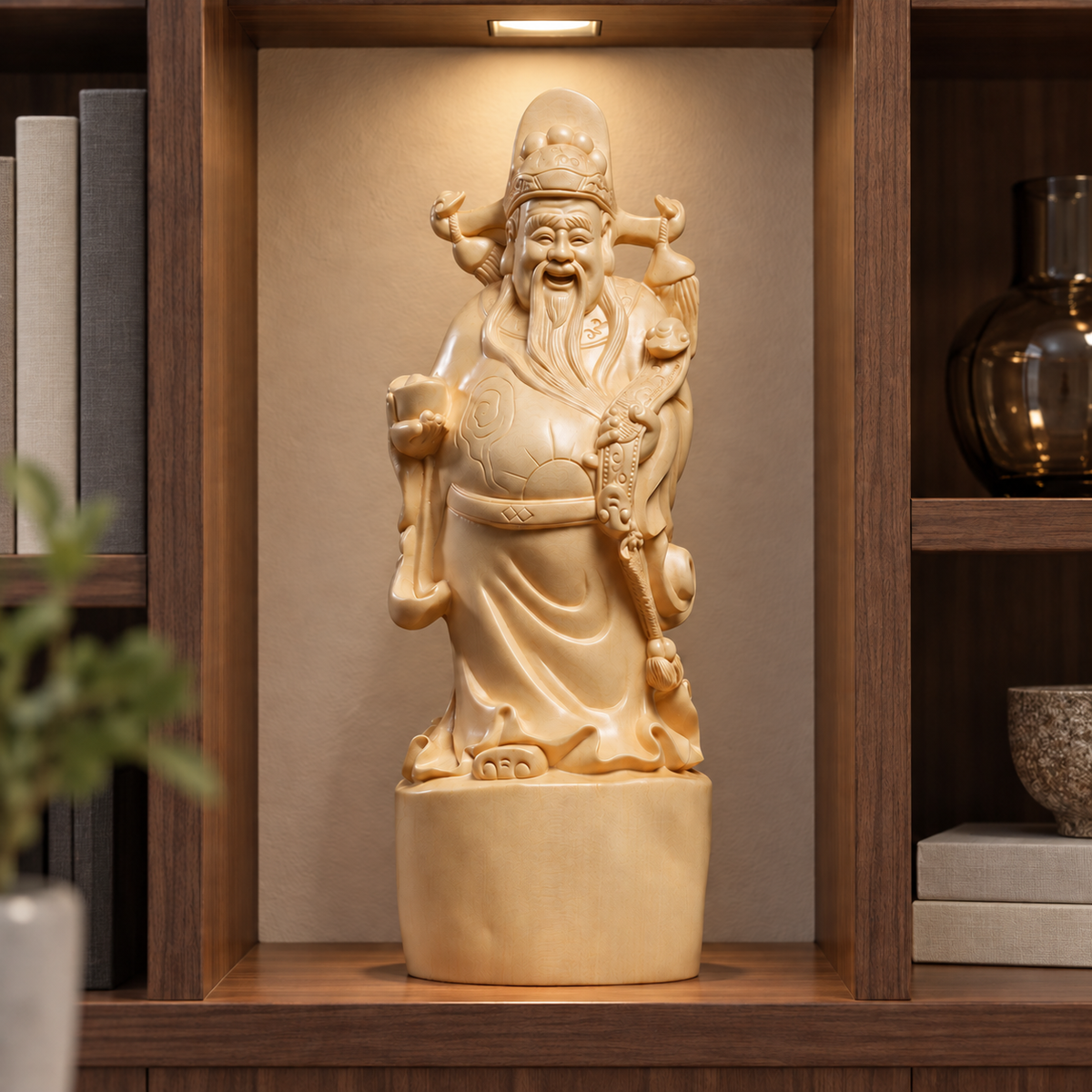 Hand-Carved Canadian Cedar Wealth God – Chinese Fortune Statue
