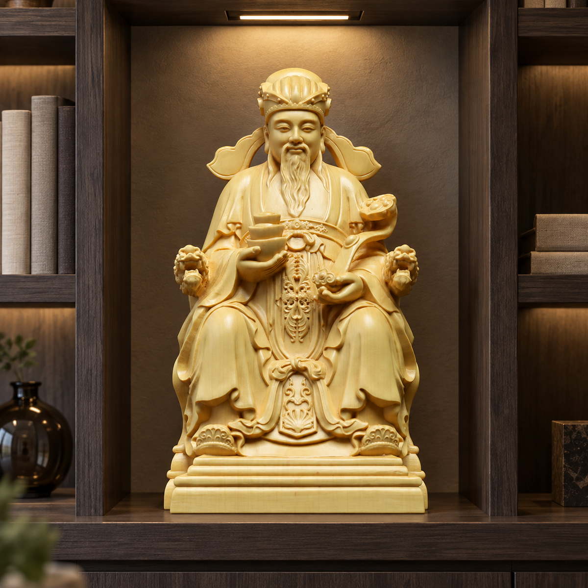 Hand-Carved Boxwood Seated Wealth God – Chinese Fortune Statue