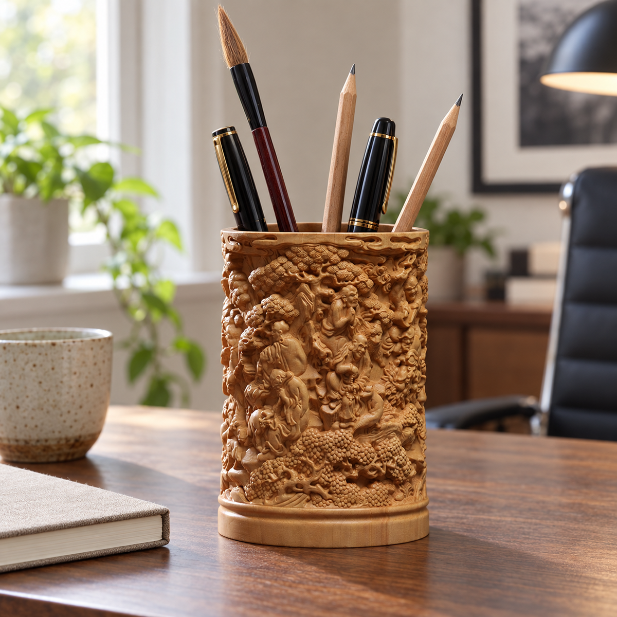 Hand-Carved Boxwood Eighteen Arhats Brush Pot – Chinese Desk Organizer