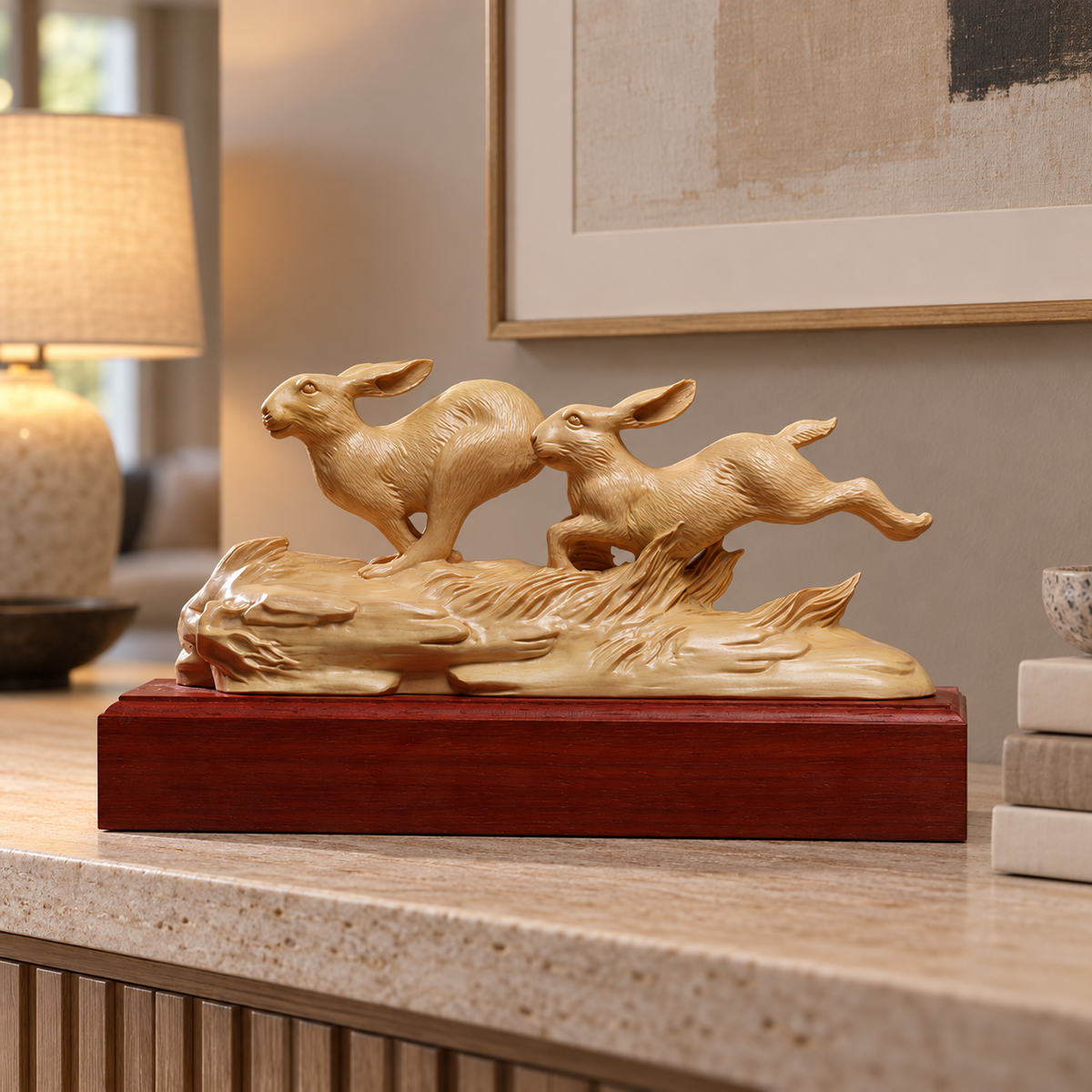 Hand-Carved Boxwood Twin Rabbits Sculpture – Wildlife Home Decor
