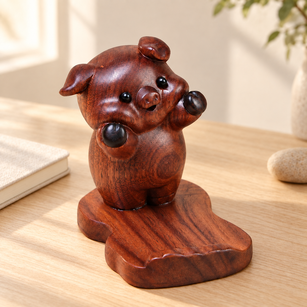 Hand-Carved Black Walnut Pig Phone Stand – Cute Wooden Desk Holder