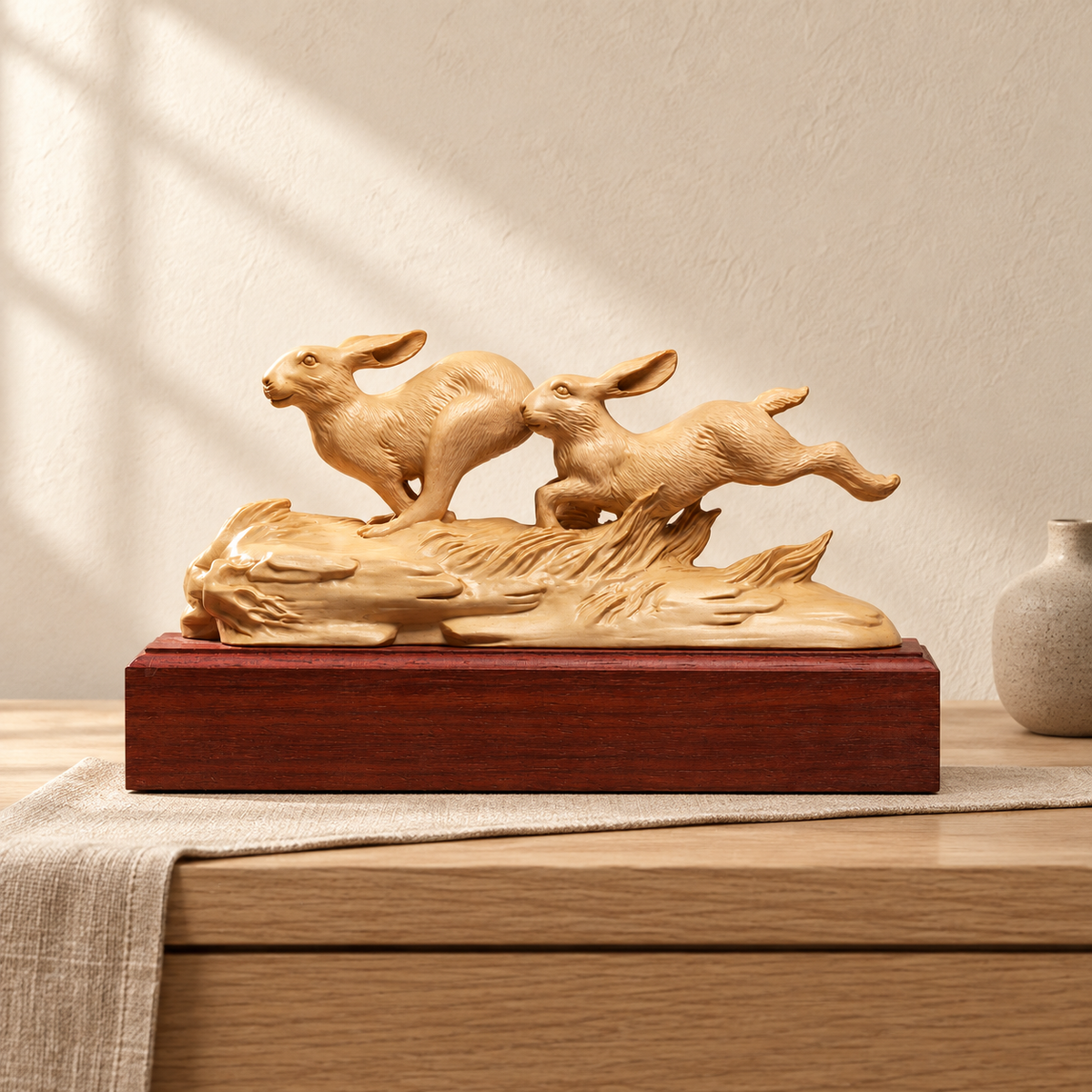 Hand-Carved Boxwood Twin Rabbits Sculpture – Wildlife Home Decor