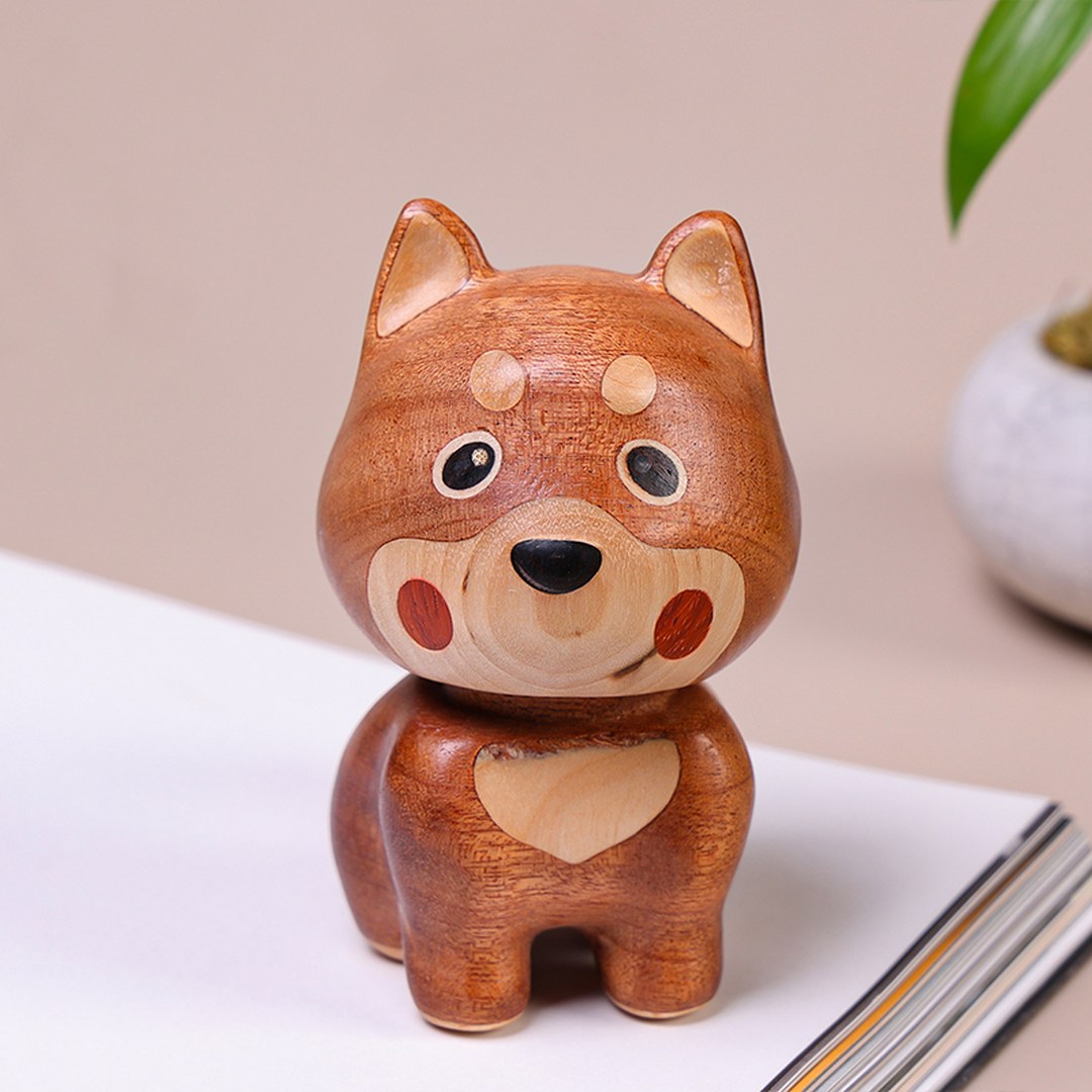 Hand Carved Wooden Bobblehead Dog - Wobbly Puppy Figurine, Chinese Wood Carving, Dog Lover Gift