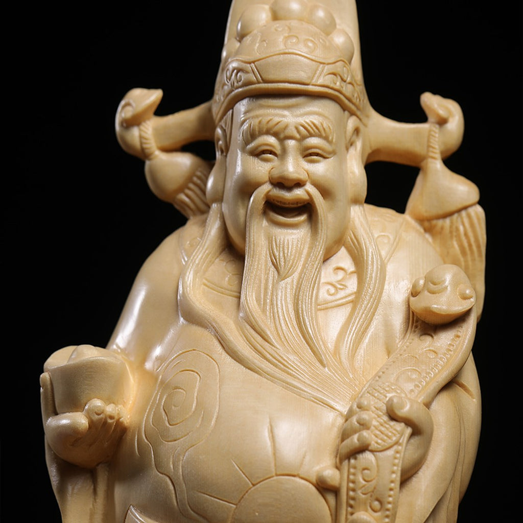 Hand Carved Canadian Cedar Wealth God Statue - Large Fortune Figure, Chinese Wood Carving, Business Gift