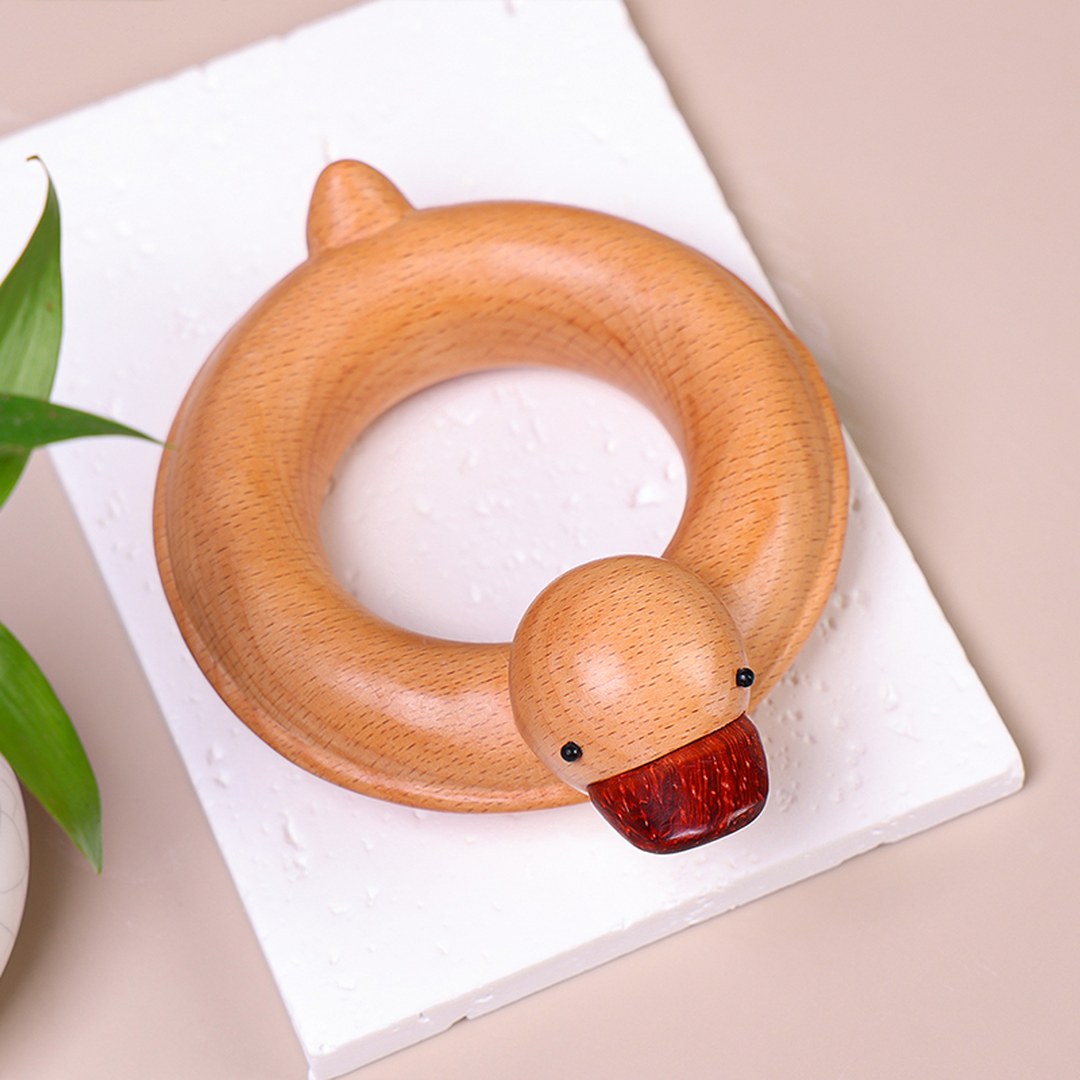 Hand Carved Wooden Duck with Swim Ring - Cute Animal Figurine, Chinese Wood Carving, Gift