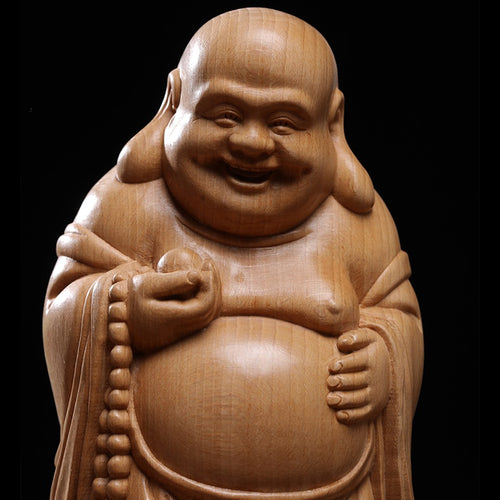 Hand Carved Beech Wood Laughing Buddha Statue - Large Zen Figure, Chinese Wood Carving, Zen Decor