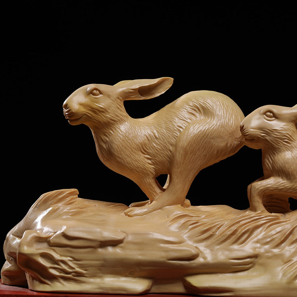 Hand Carved Boxwood Twin Rabbits Sculpture - Large Animal Figurine, Chinese Wood Carving, Collectible
