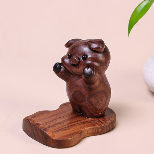 Hand Carved Black Walnut Pig Phone Stand - Chinese Wood Carving, Cute Desktop Holder, Gift
