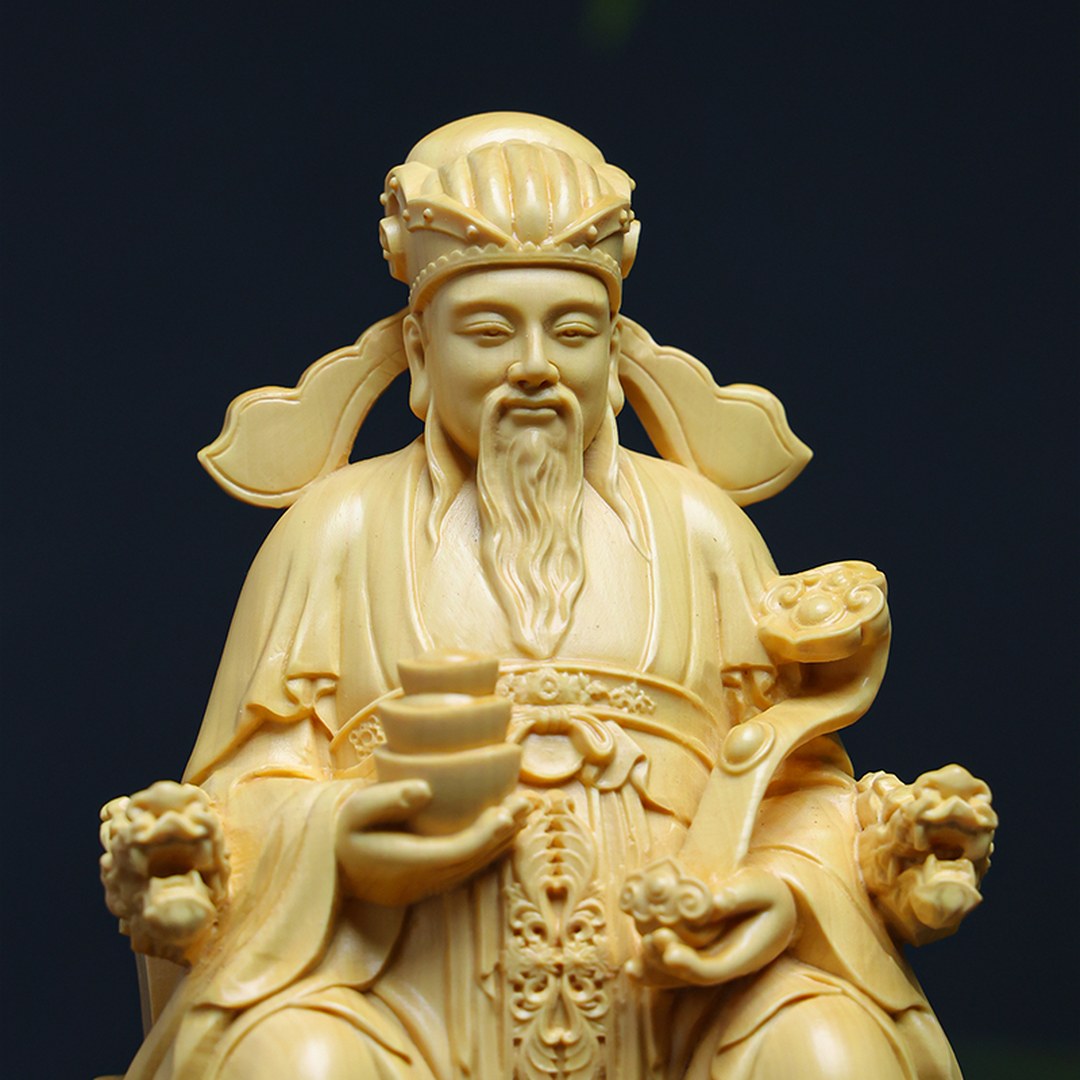 Hand Carved Boxwood Fortune God with Gold Ingot Statue - Chinese Wood Carving, Prosperity Gift