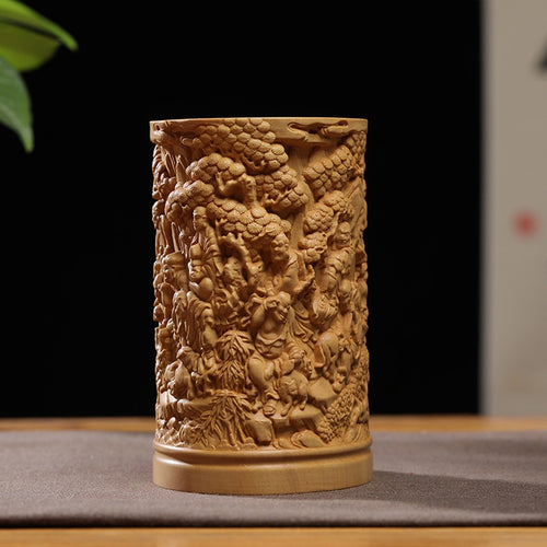 Hand Carved Boxwood Brush Pot with 18 Arhats - Scholar's Desk Organizer, Chinese Wood Carving