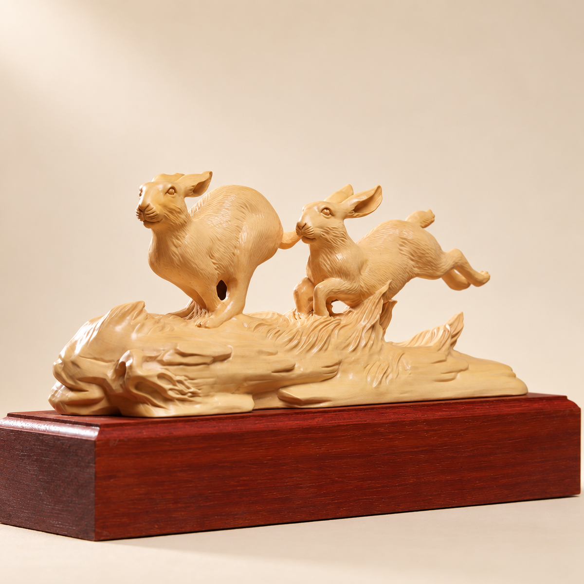 Hand-Carved Boxwood Twin Rabbits Sculpture – Wildlife Home Decor