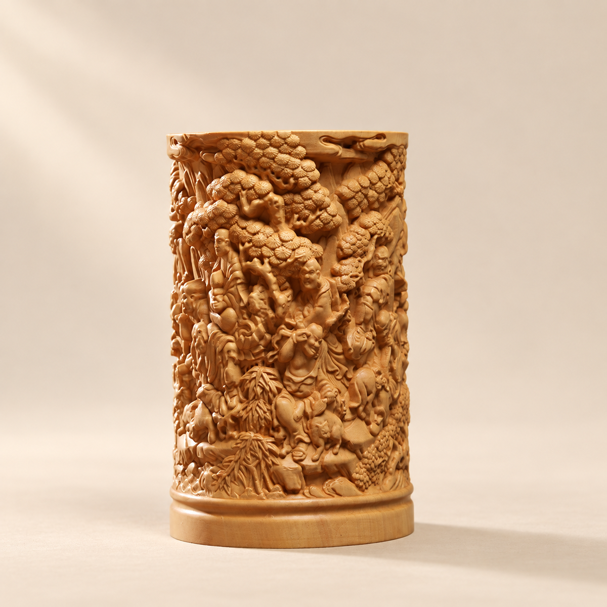 Hand-Carved Boxwood Eighteen Arhats Brush Pot – Chinese Desk Organizer