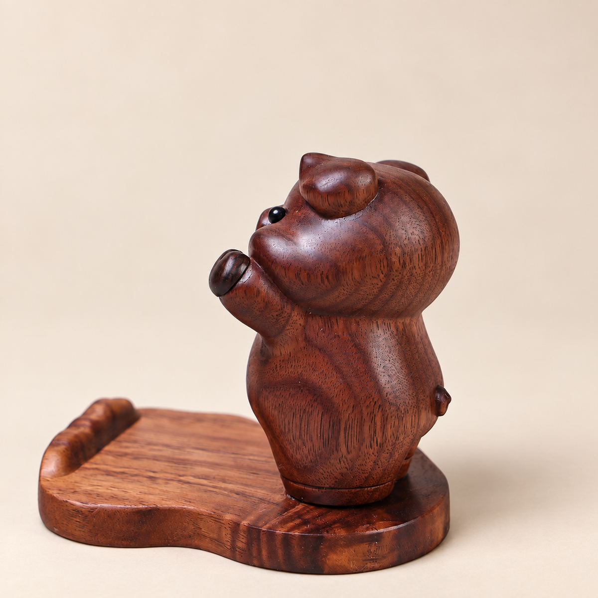 Hand-Carved Black Walnut Pig Phone Stand – Cute Wooden Desk Holder