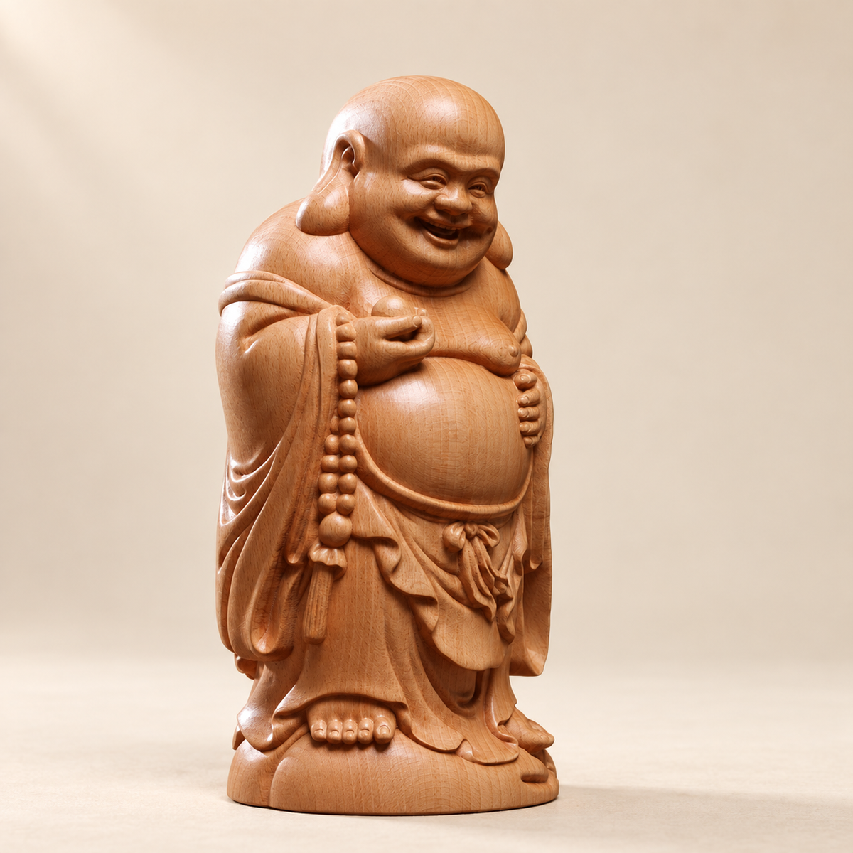 Hand-Carved Beech Wood Laughing Buddha – Chinese Good Luck Statue