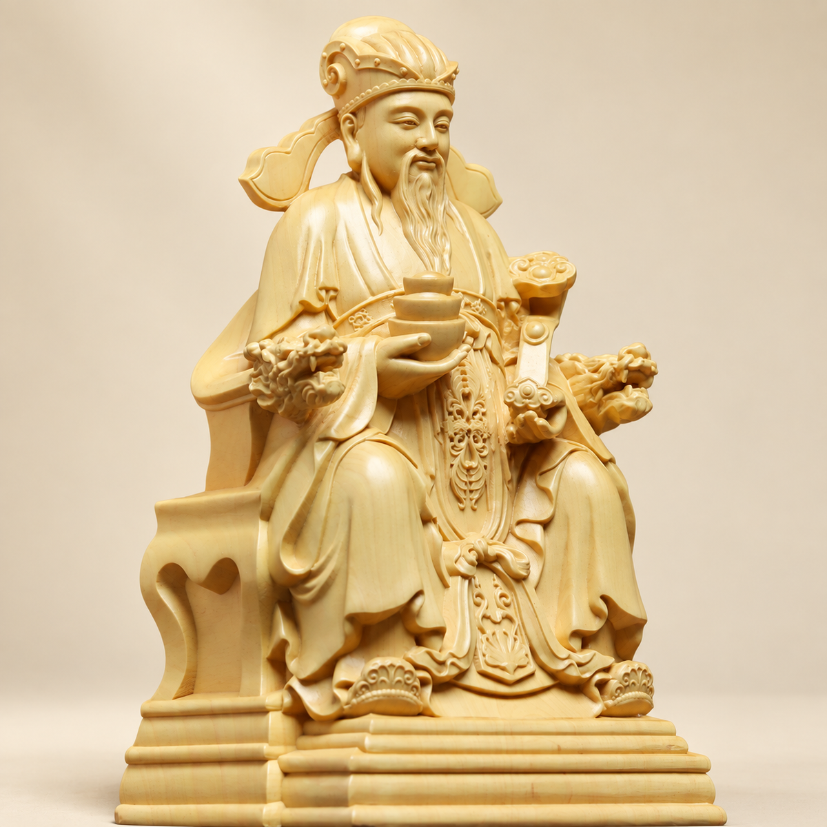 Hand-Carved Boxwood Seated Wealth God – Chinese Fortune Statue