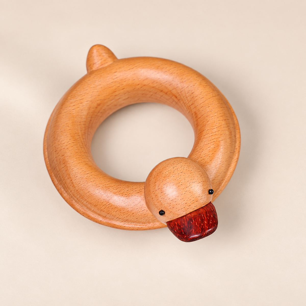 Hand-Carved Wooden Duck with Swim Ring – Cute Desk Figurine