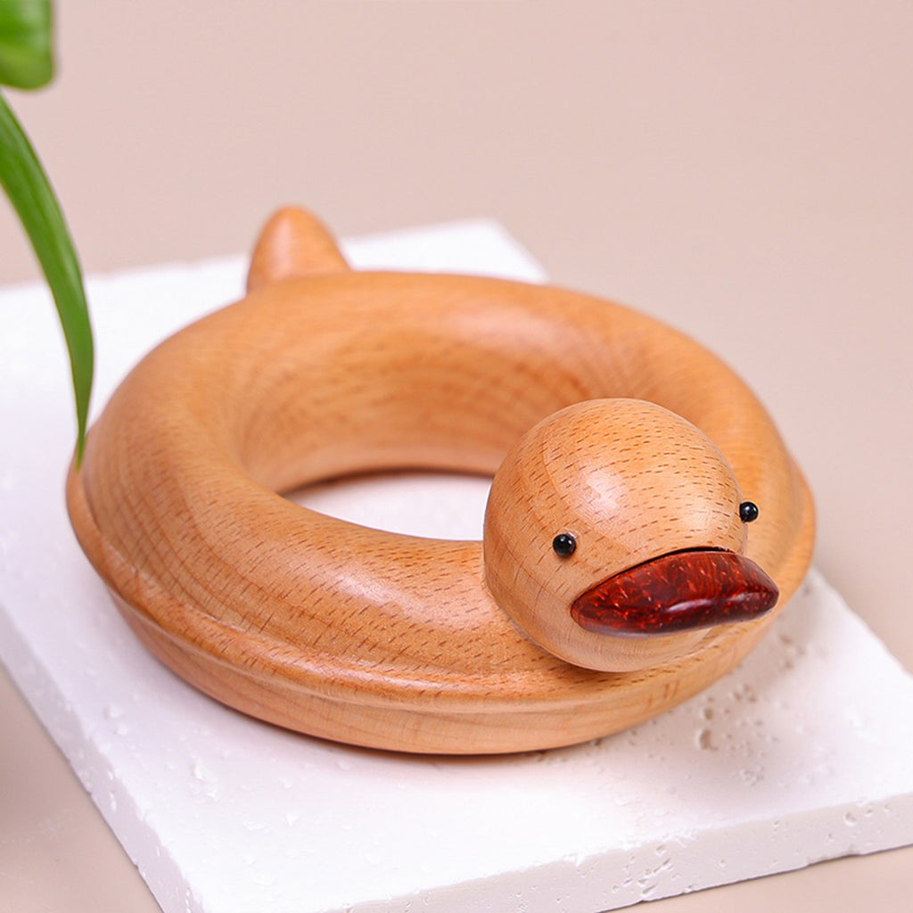 Hand Carved Wooden Duck with Swim Ring - Cute Animal Figurine, Chinese Wood Carving, Gift