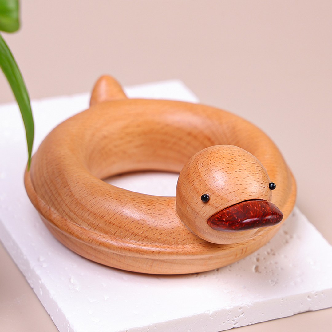 Hand Carved Wooden Duck with Swim Ring - Cute Animal Figurine, Chinese Wood Carving, Gift