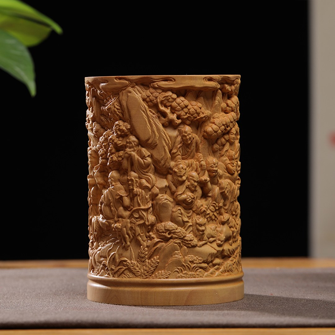Hand Carved Boxwood Brush Pot with 18 Arhats - Scholar's Desk Organizer, Chinese Wood Carving