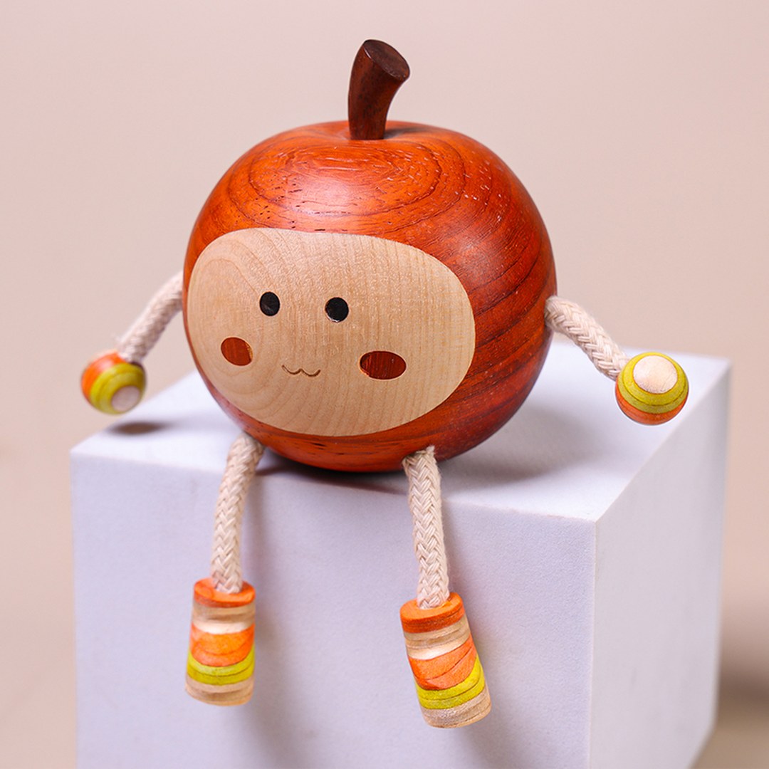 Hand Carved Wooden Peace Apple Figurine - Multi-Wood Inlay, Chinese Wood Carving, Housewarming Gift