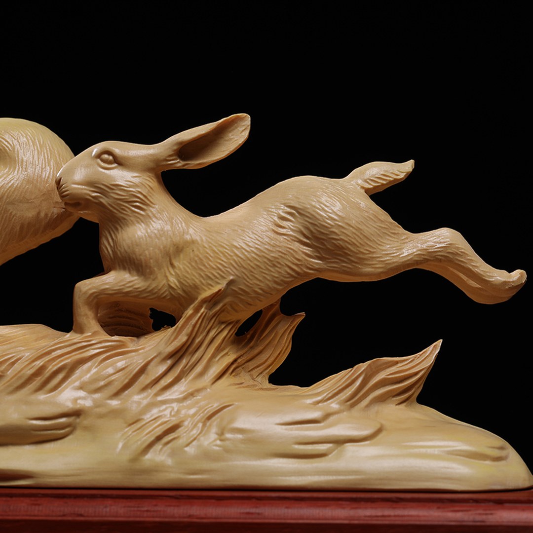 Hand Carved Boxwood Twin Rabbits Sculpture - Large Animal Figurine, Chinese Wood Carving, Collectible