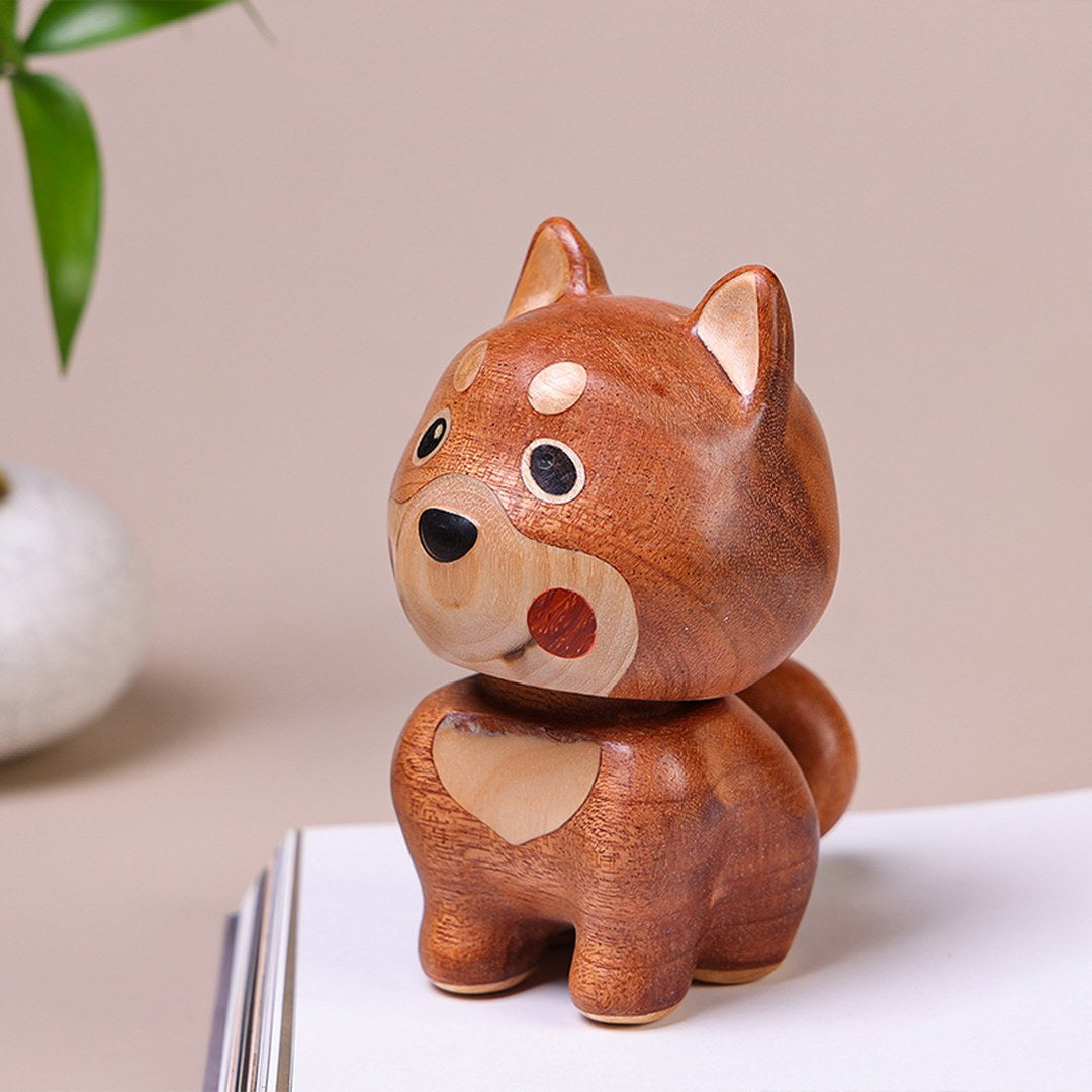 Hand Carved Wooden Bobblehead Dog - Wobbly Puppy Figurine, Chinese Wood Carving, Dog Lover Gift
