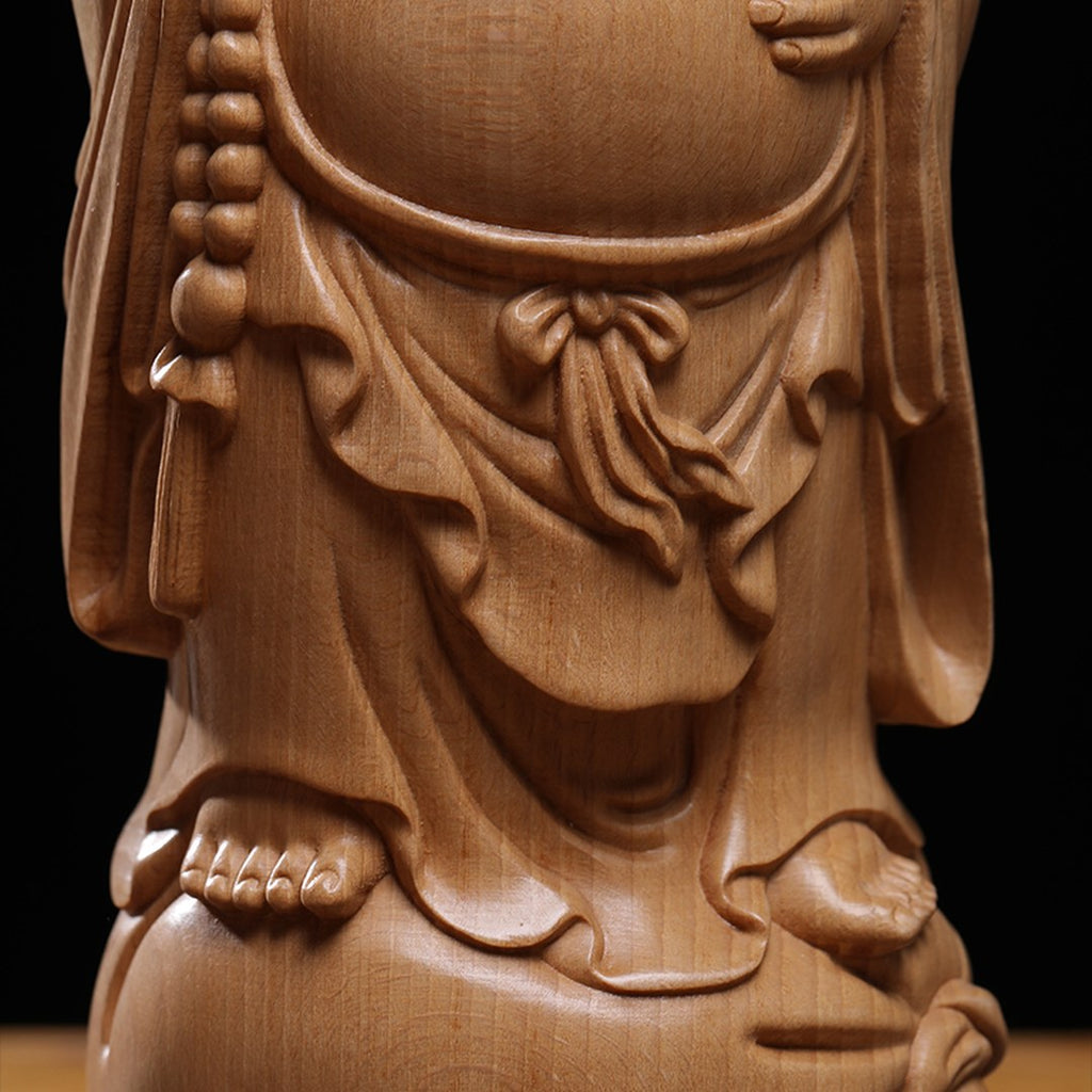 Hand Carved Beech Wood Laughing Buddha Statue - Large Zen Figure, Chinese Wood Carving, Zen Decor