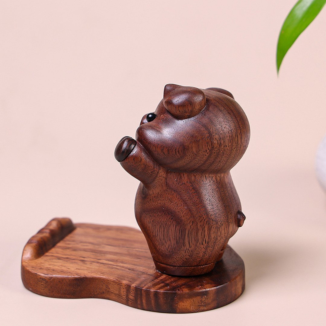 Hand Carved Black Walnut Pig Phone Stand - Chinese Wood Carving, Cute Desktop Holder, Gift